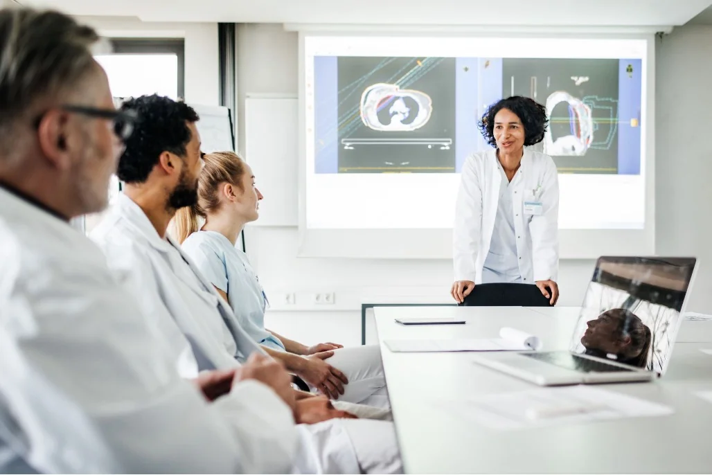 Professional business team collaborating in a modern office